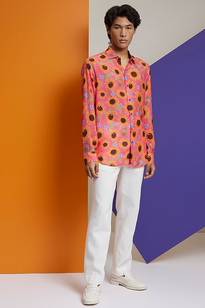 Pink & Orange Fluid Cotton Printed Party Wear Shirt by Nautanky By Nilesh Parashar Men at Pernia's Pop Up Shop