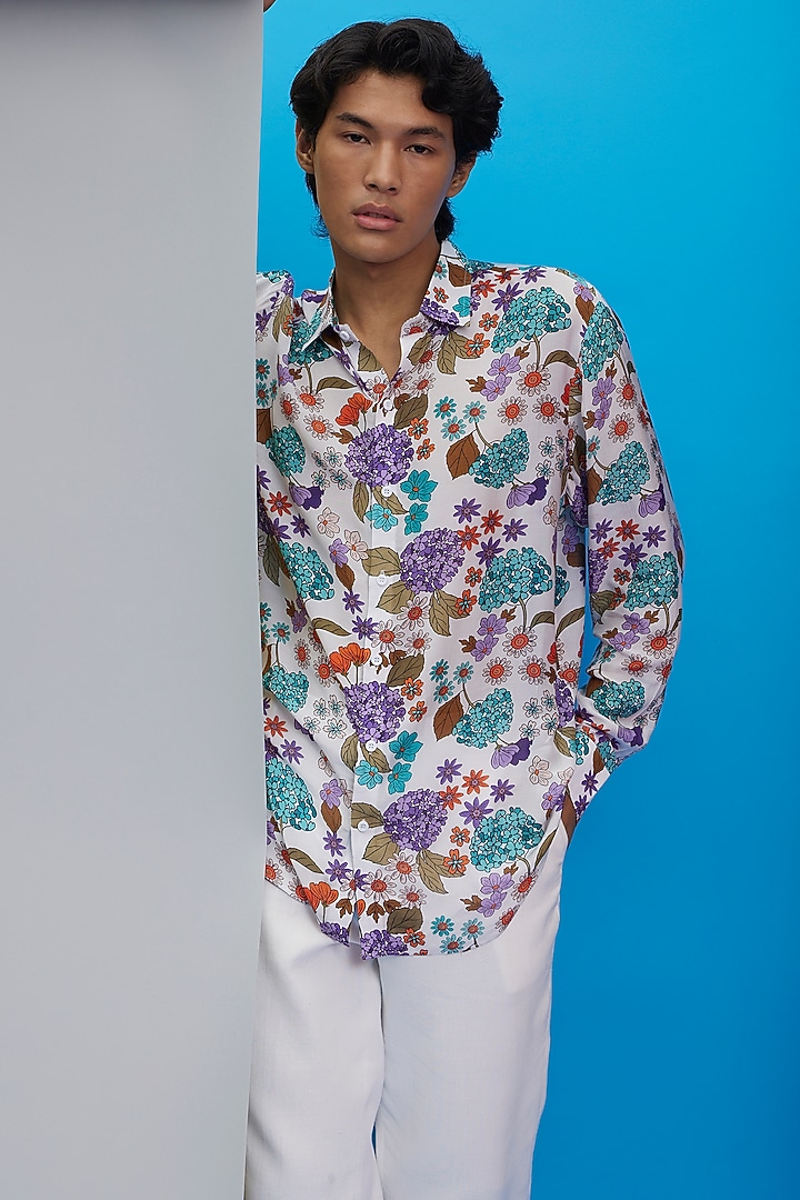White & Blue Fluid Cotton Floral Printed Party Wear Shirt by Nautanky By Nilesh Parashar Men at Pernia's Pop Up Shop