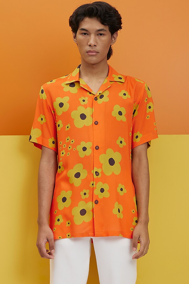 Orange Fluid Cotton Printed Shirt by Nautanky By Nilesh Parashar Men