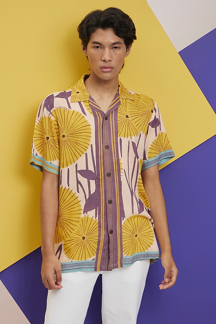 Beige Fluid Cotton Printed Party Wear Shirt by Nautanky By Nilesh Parashar Men at Pernia's Pop Up Shop
