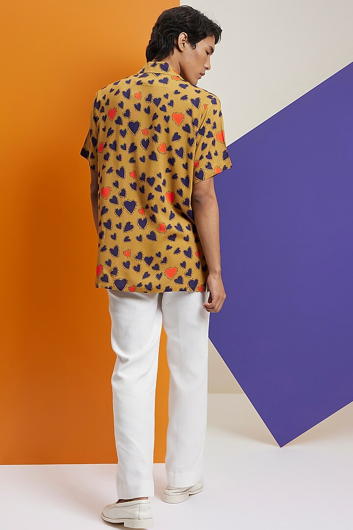 Mustard Fluid Cotton Printed Party Wear Shirt by Nautanky By Nilesh Parashar Men at Pernia's Pop Up Shop