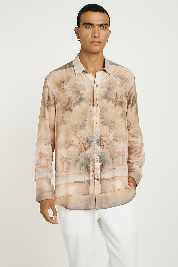 Beige Fluid Cotton Printed Party Wear Shirt by Nautanky By Nilesh Parashar Men at Pernia's Pop Up Shop