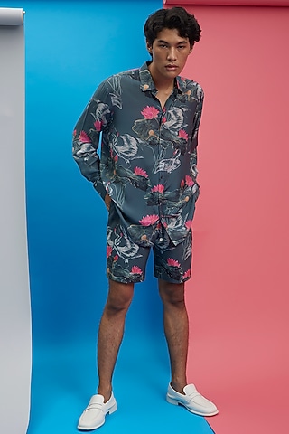 Grey  Fluid Cotton Printed Co-Ord Set by Nautanky By Nilesh Parashar Men
