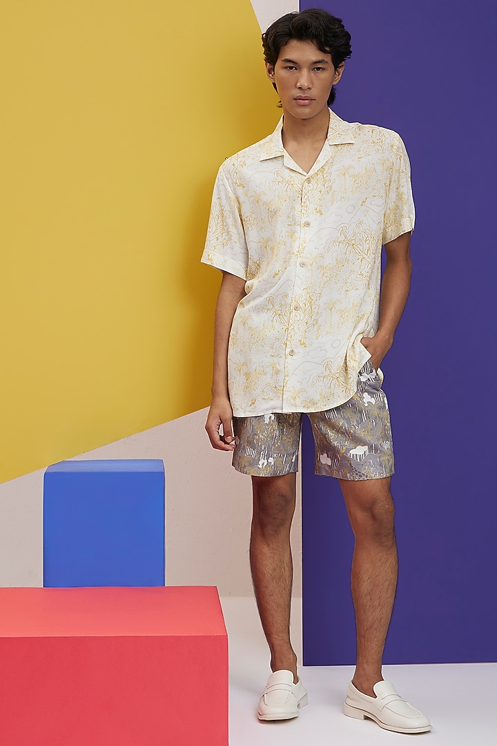 Ivory & Grey  Fluid Cotton Printed Co-Ord Set by Nautanky By Nilesh Parashar Men at Pernia's Pop Up Shop