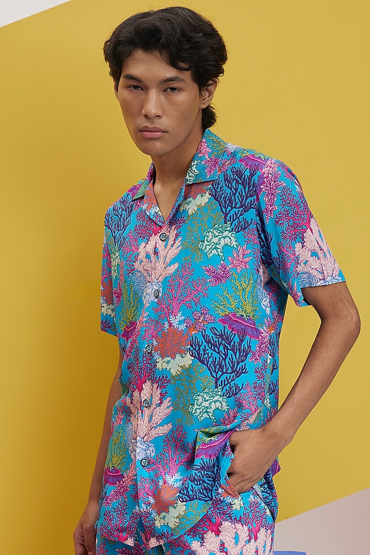 Sae Blue Fluid Cotton Printed Co-Ord Set by Nautanky By Nilesh Parashar Men at Pernia's Pop Up Shop