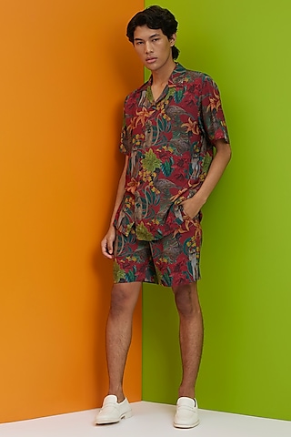 Red Fluid Cotton Printed Co-Ord Set by Nautanky By Nilesh Parashar Men