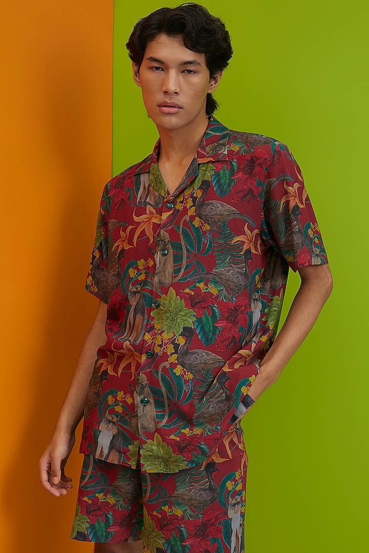 Red Fluid Cotton Printed Co-Ord Set by Nautanky By Nilesh Parashar Men at Pernia's Pop Up Shop