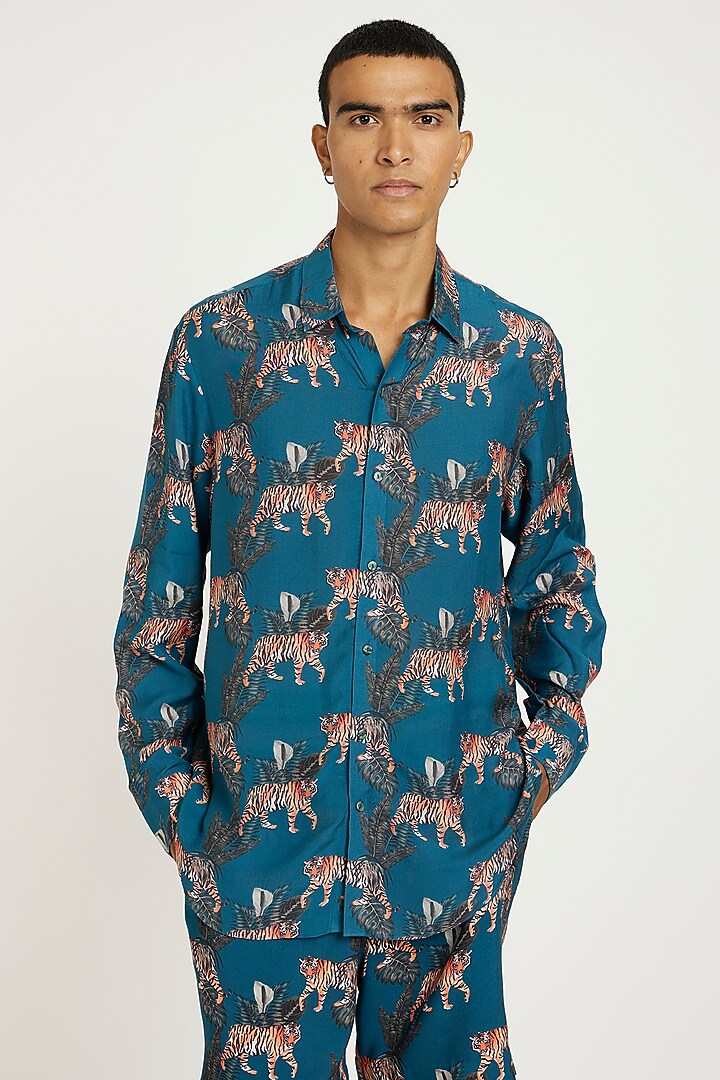 Blue Fluid Cotton Printed Co-Ord Set by Nautanky By Nilesh Parashar Men at Pernia's Pop Up Shop
