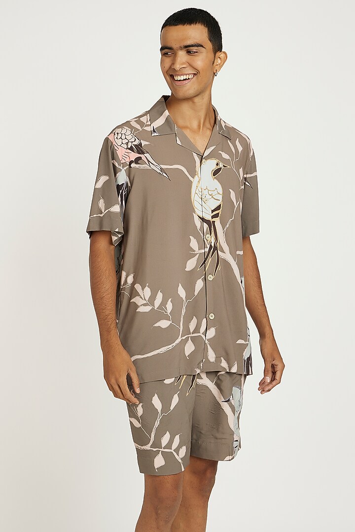 Beige Fluid Cotton Printed Co-Ord Set by Nautanky By Nilesh Parashar Men at Pernia's Pop Up Shop