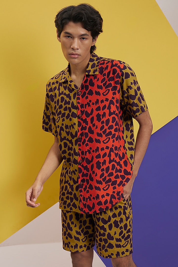 Mustard & Red Fluid Cotton Printed Co-Ord Set by Nautanky By Nilesh Parashar Men at Pernia's Pop Up Shop