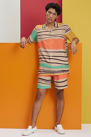 Beige Fluid Cotton Printed Co-Ord Set by Nautanky By Nilesh Parashar Men
