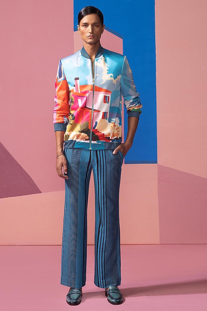 Ice Blue Satin Bomber Jacket Set by Nautanky By Nilesh Parashar Men