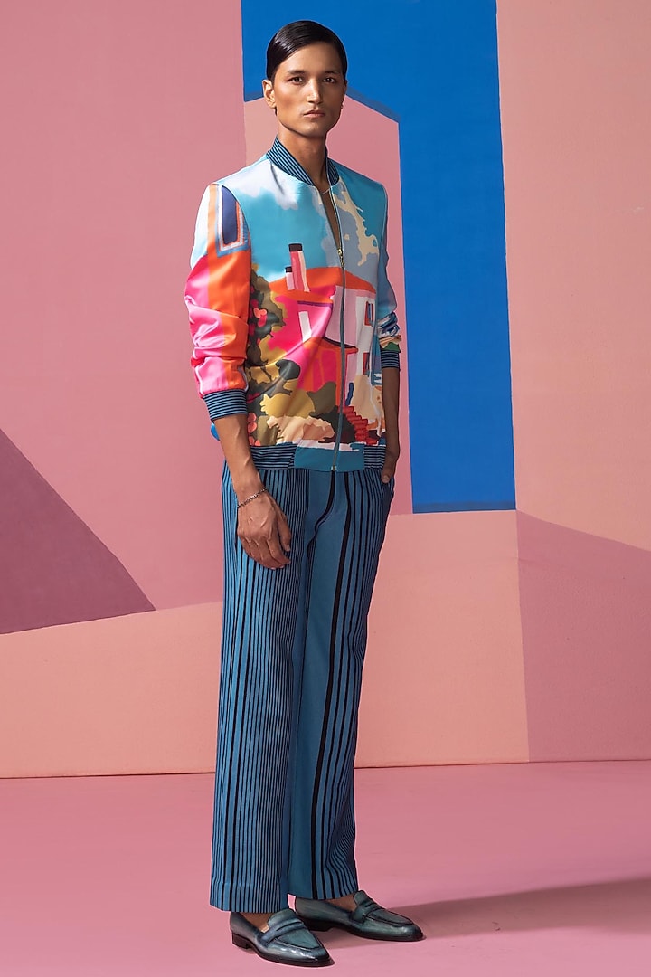 Ice Blue Satin Bomber Jacket Set by Nautanky By Nilesh Parashar Men at Pernia's Pop Up Shop