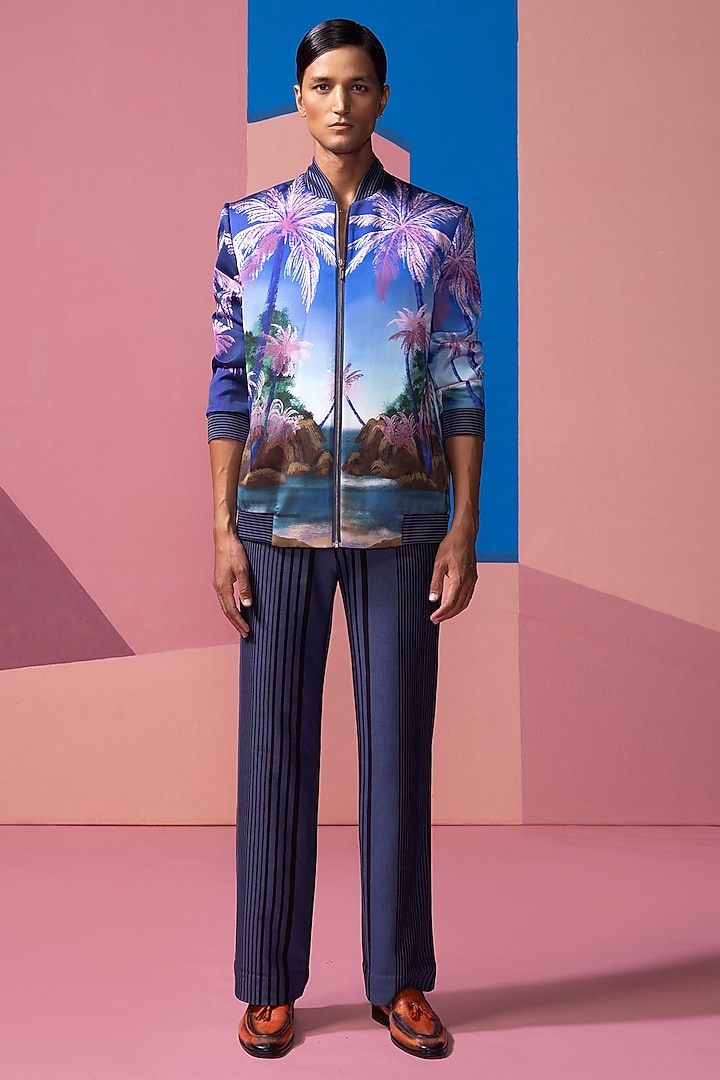 Royal Blue Satin Bomber Jacket Set by Nautanky By Nilesh Parashar Men