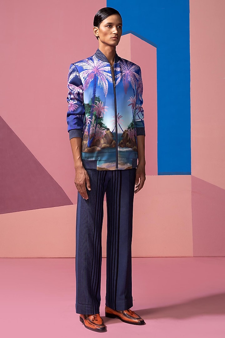 Royal Blue Satin Bomber Jacket Set by Nautanky By Nilesh Parashar Men at Pernia's Pop Up Shop