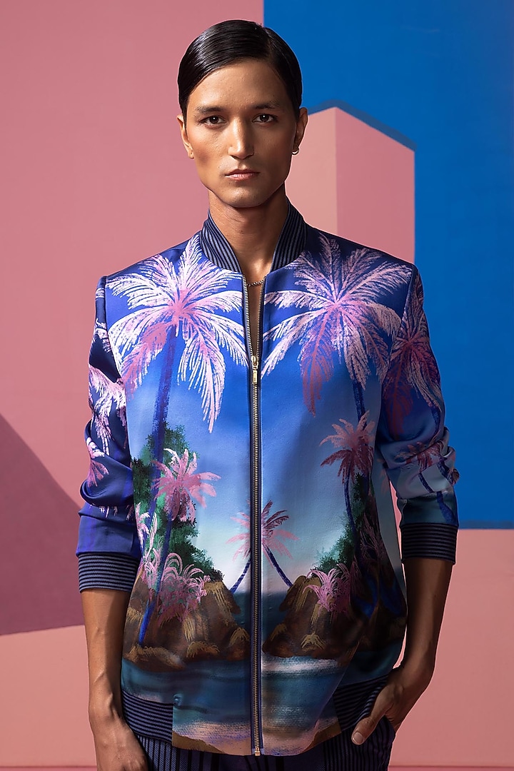 Royal Blue Satin Bomber Jacket Set by Nautanky By Nilesh Parashar Men at Pernia's Pop Up Shop