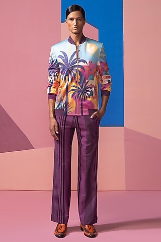 Sky Blue Satin Bomber Jacket Set by Nautanky By Nilesh Parashar Men