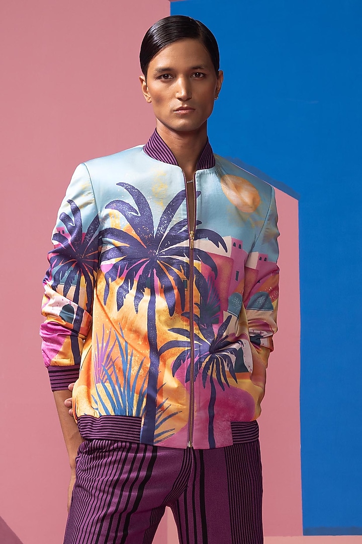 Sky Blue Satin Bomber Jacket Set by Nautanky By Nilesh Parashar Men at Pernia's Pop Up Shop