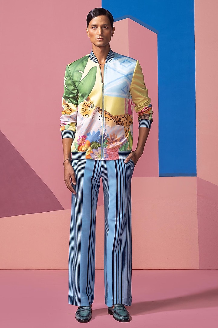 Yellow Satin Bomber Jacket Set by Nautanky By Nilesh Parashar Men