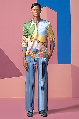 Yellow Satin Bomber Jacket Set by Nautanky By Nilesh Parashar Men