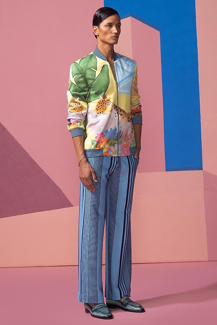 Yellow Satin Bomber Jacket Set by Nautanky By Nilesh Parashar Men at Pernia's Pop Up Shop
