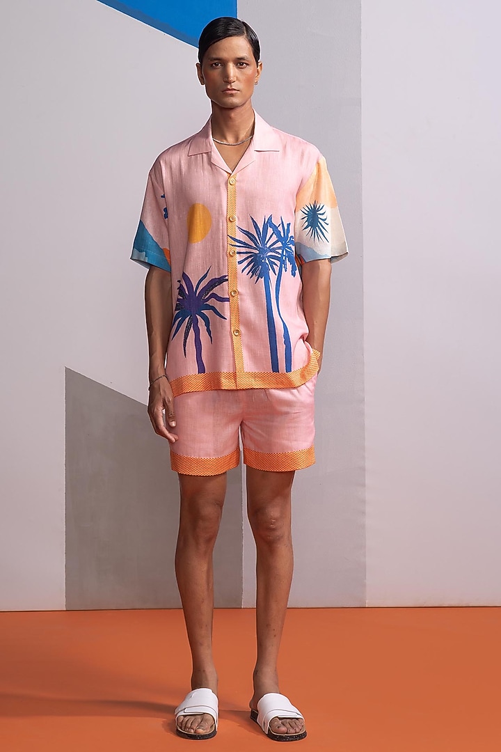 Baby Pink Cotton Linen Co-Ord Set by Nautanky By Nilesh Parashar Men