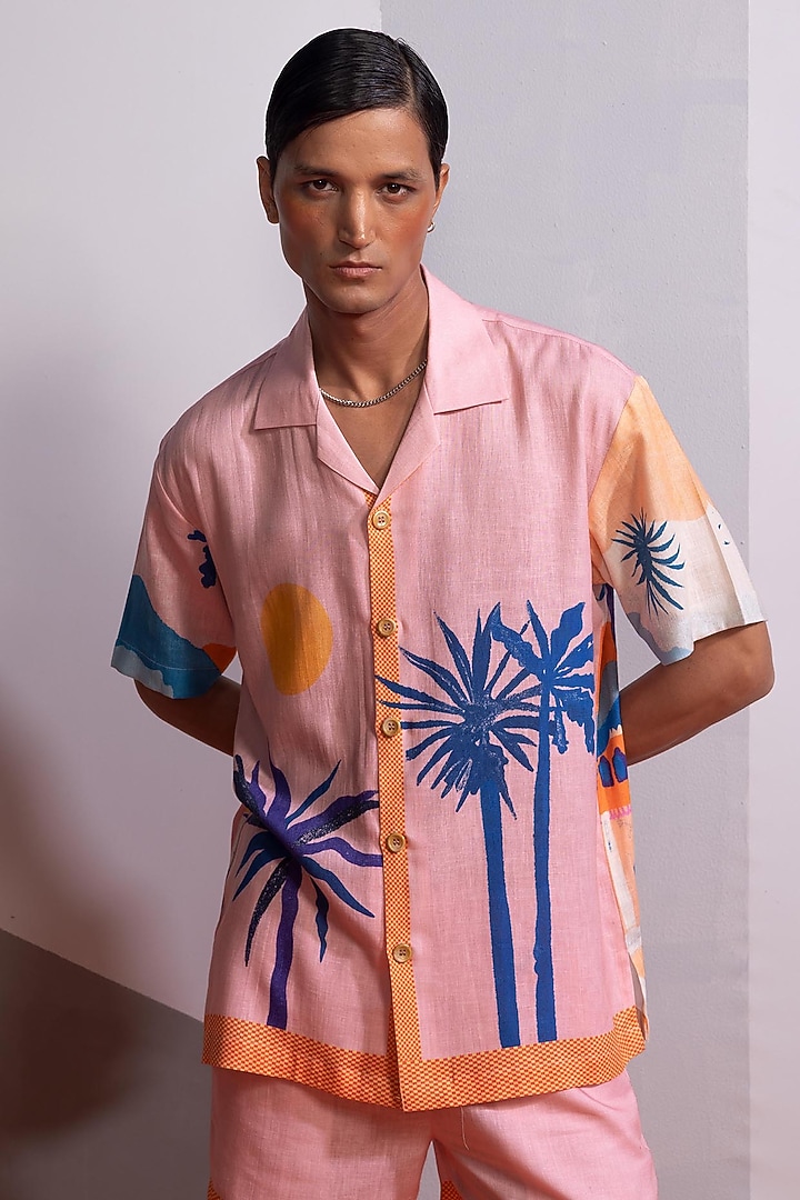 Baby Pink Cotton Linen Co-Ord Set by Nautanky By Nilesh Parashar Men at Pernia's Pop Up Shop
