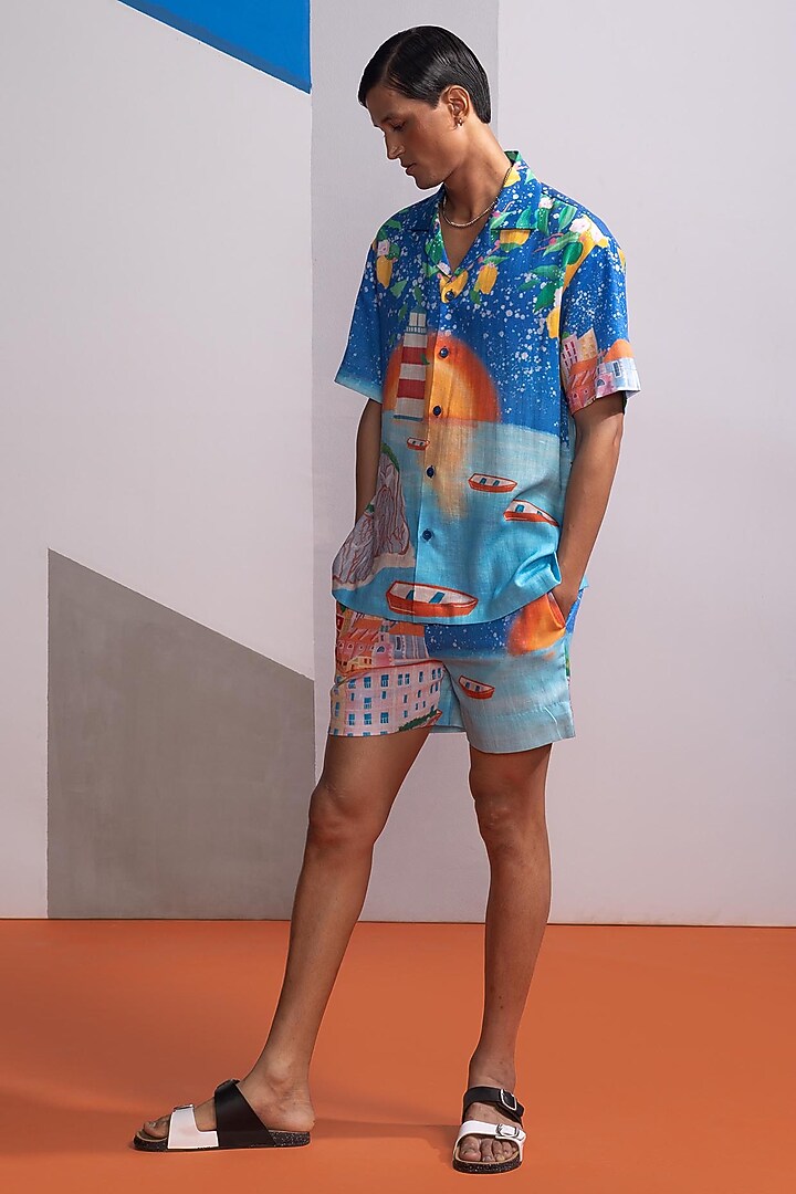 Blue Cotton Linen Co-Ord Set by Nautanky By Nilesh Parashar Men at Pernia's Pop Up Shop