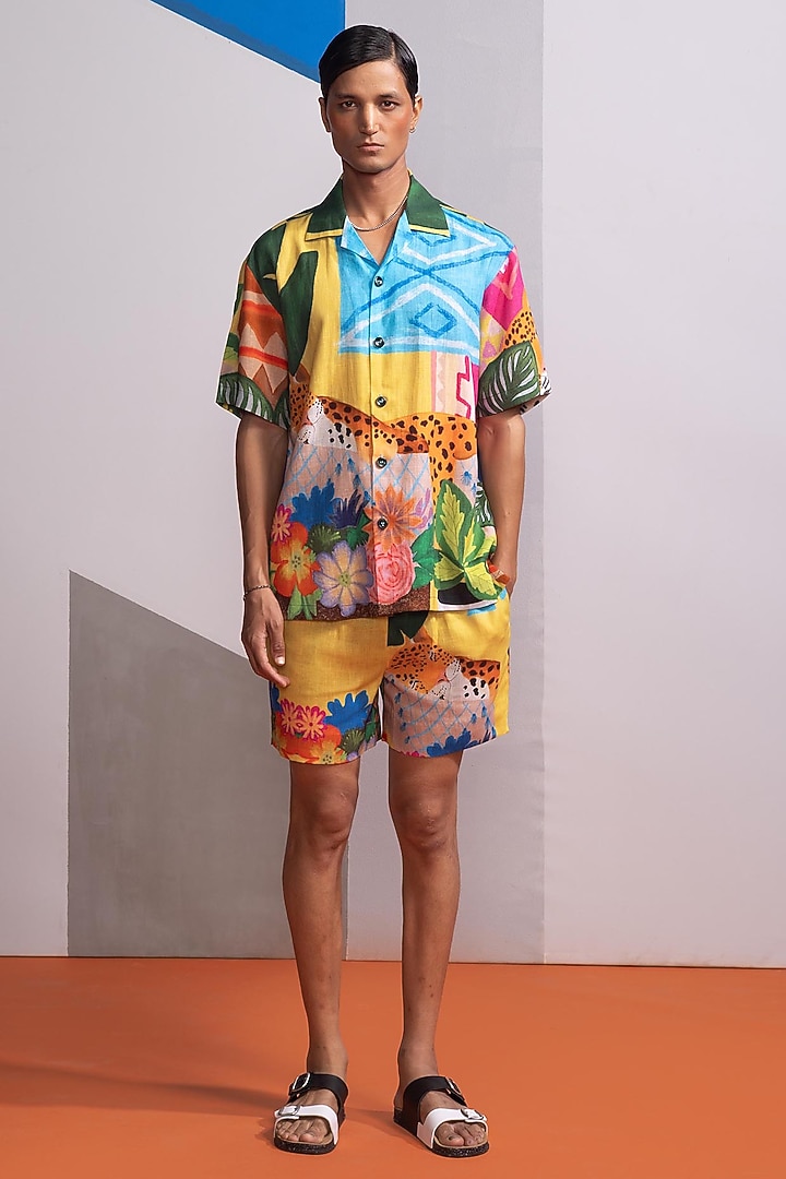 Yellow Cotton Linen Co-Ord Set by Nautanky By Nilesh Parashar Men