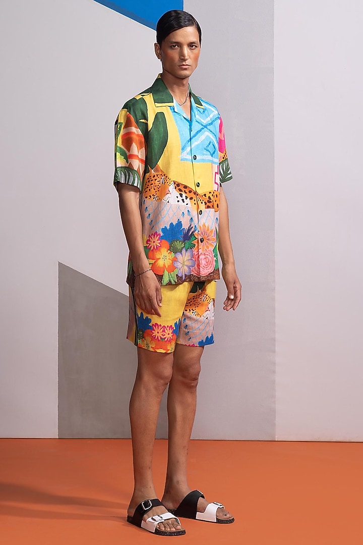 Yellow Cotton Linen Co-Ord Set by Nautanky By Nilesh Parashar Men at Pernia's Pop Up Shop
