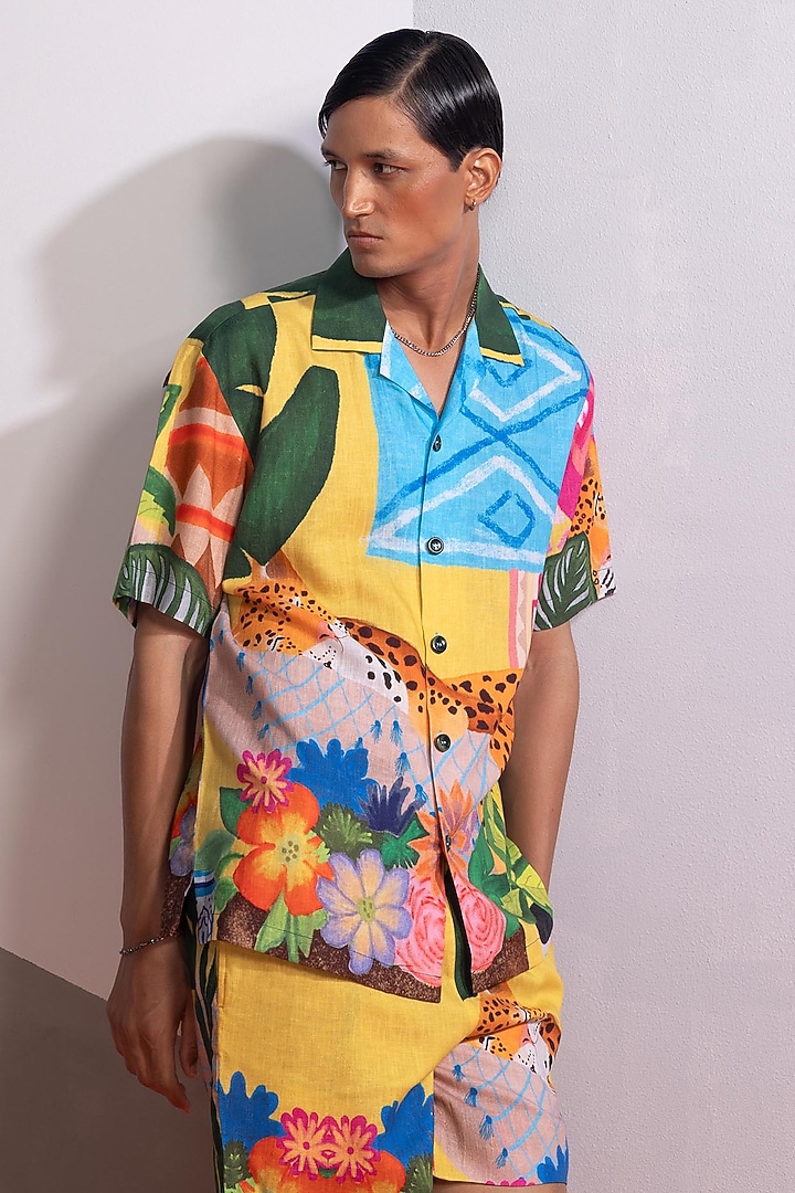 Yellow Cotton Linen Co-Ord Set by Nautanky By Nilesh Parashar Men at Pernia's Pop Up Shop