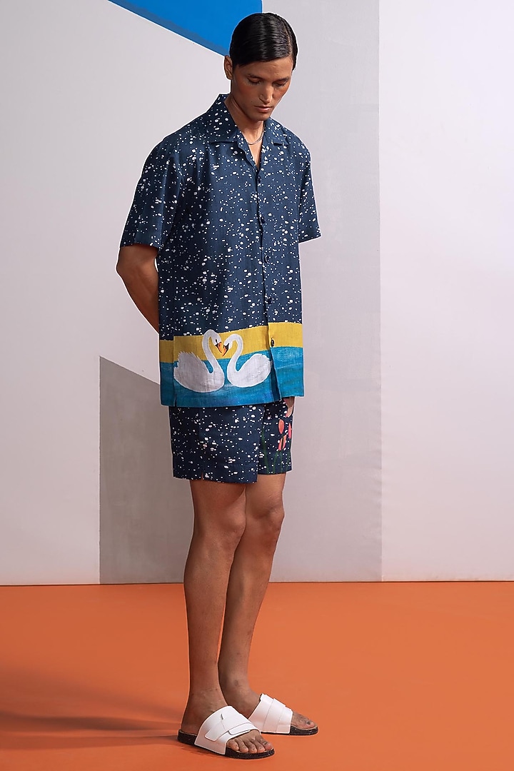 Dark Blue Cotton Linen Co-Ord Set by Nautanky By Nilesh Parashar Men at Pernia's Pop Up Shop