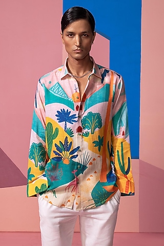 Pink Cotton Linen Shirt by Nautanky By Nilesh Parashar Men