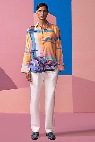 Orange Cotton Linen Shirt by Nautanky By Nilesh Parashar Men