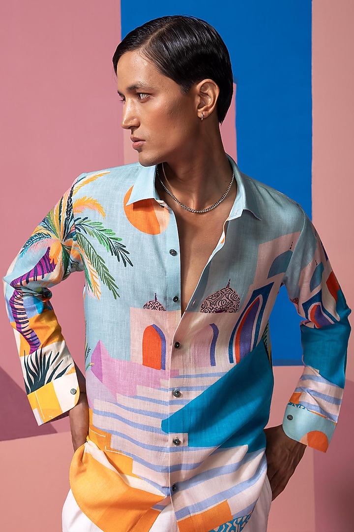Ice Blue Cotton Linen & Satin Party Wear Shirt by Nautanky By Nilesh Parashar Men at Pernia's Pop Up Shop