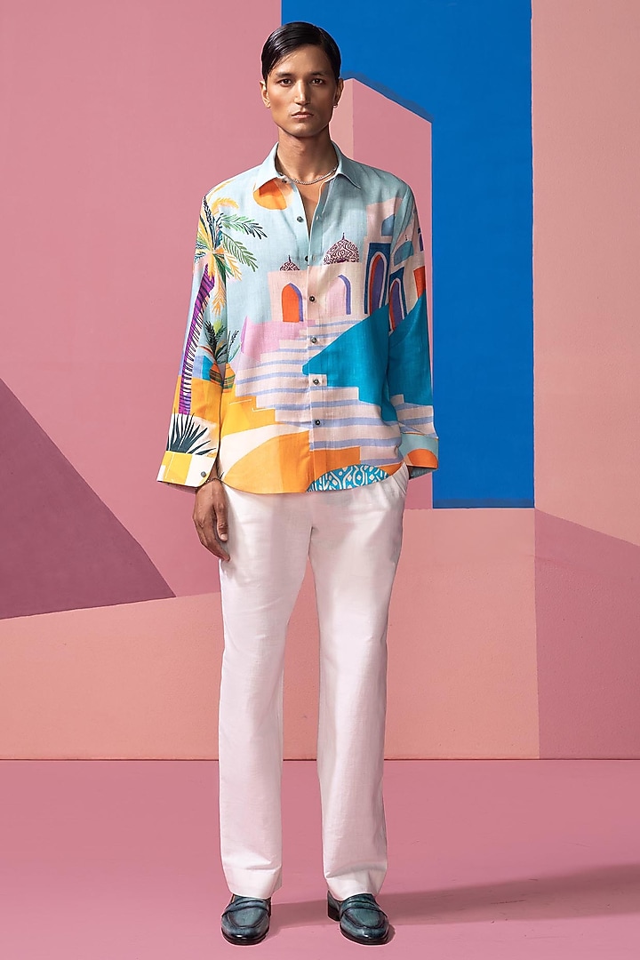 Ice Blue Cotton Linen & Satin Party Wear Shirt by Nautanky By Nilesh Parashar Men at Pernia's Pop Up Shop