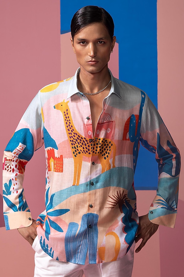 Blue Cotton Linen & Satin Shirt by Nautanky By Nilesh Parashar Men