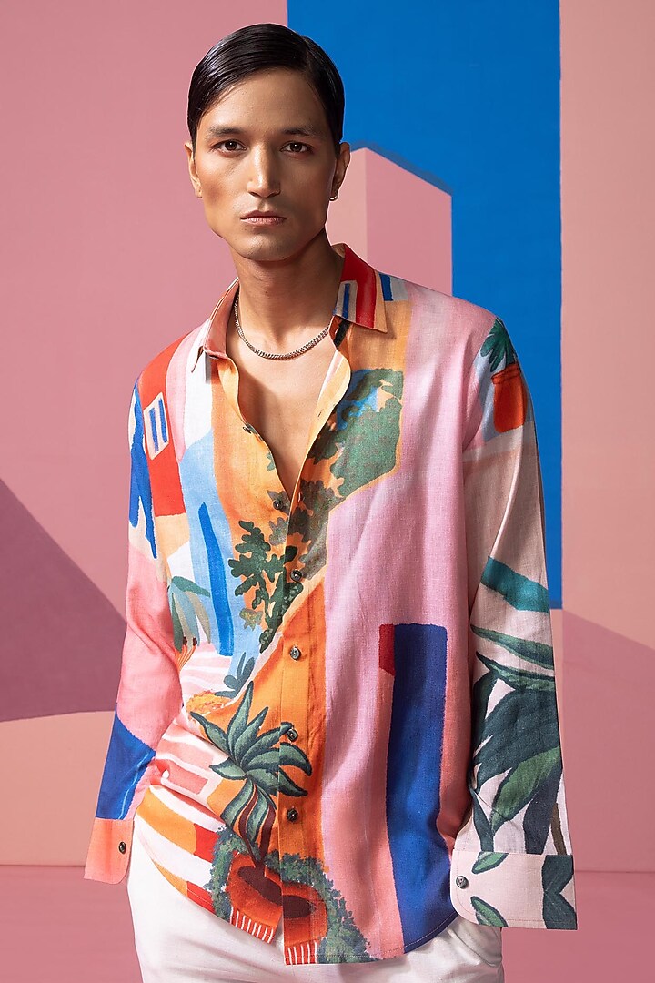 Pink Cotton Linen & Satin Shirt by Nautanky By Nilesh Parashar Men
