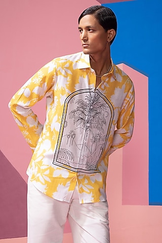 Yellow Cotton Linen & Satin Shirt by Nautanky By Nilesh Parashar Men