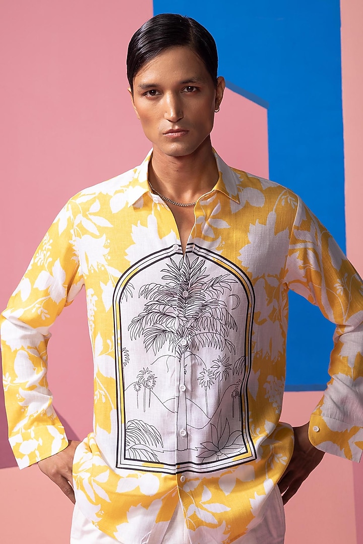 Yellow Cotton Linen & Satin Party Wear Shirt by Nautanky By Nilesh Parashar Men at Pernia's Pop Up Shop