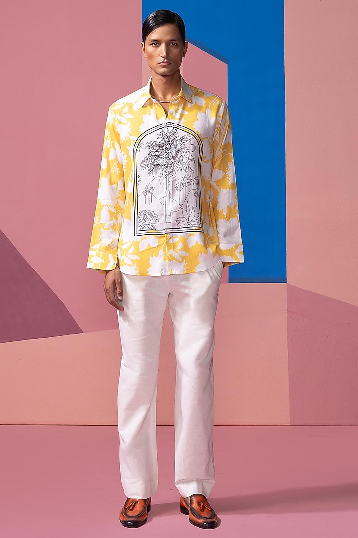 Yellow Cotton Linen & Satin Party Wear Shirt by Nautanky By Nilesh Parashar Men at Pernia's Pop Up Shop