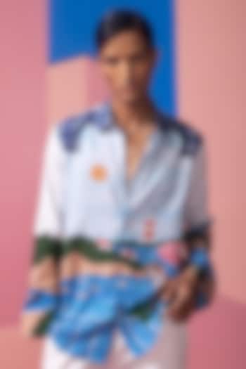 Blue Cotton Linen & Satin Shirt by Nautanky By Nilesh Parashar Men