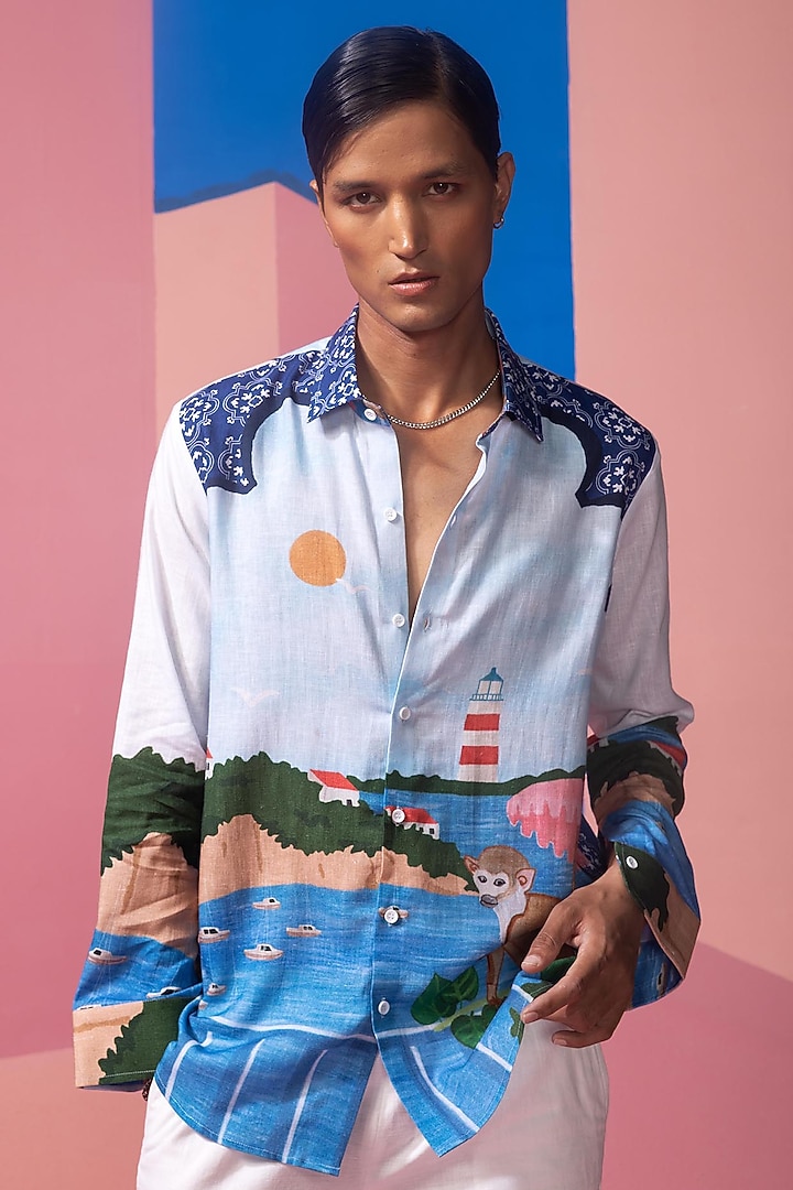 Blue Cotton Linen & Satin Shirt by Nautanky By Nilesh Parashar Men
