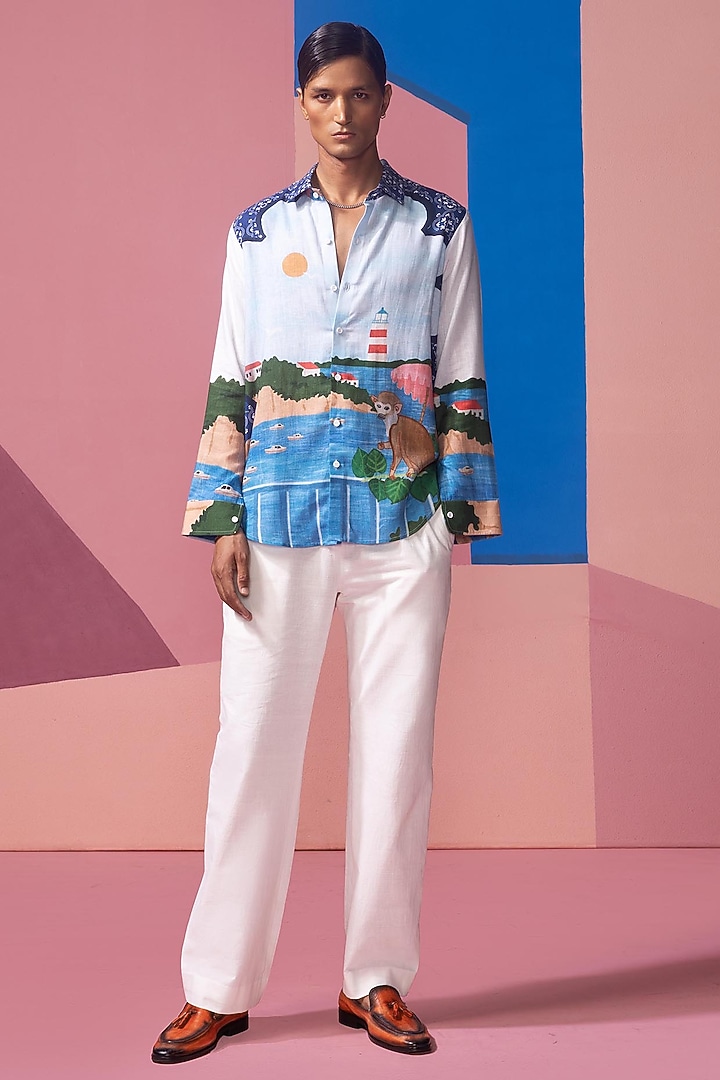 Blue Cotton Linen & Satin Party Wear Shirt by Nautanky By Nilesh Parashar Men at Pernia's Pop Up Shop