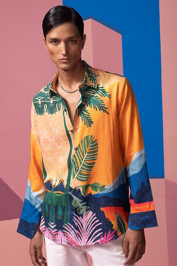 Orange Cotton Linen & Satin Shirt by Nautanky By Nilesh Parashar Men