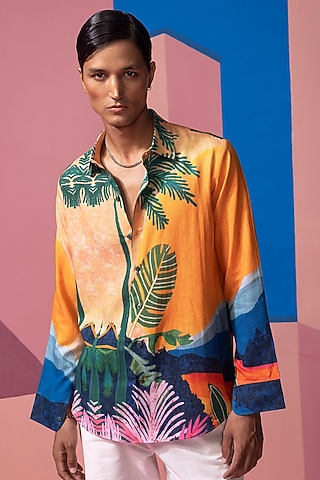 Orange Cotton Linen & Satin Shirt by Nautanky By Nilesh Parashar Men