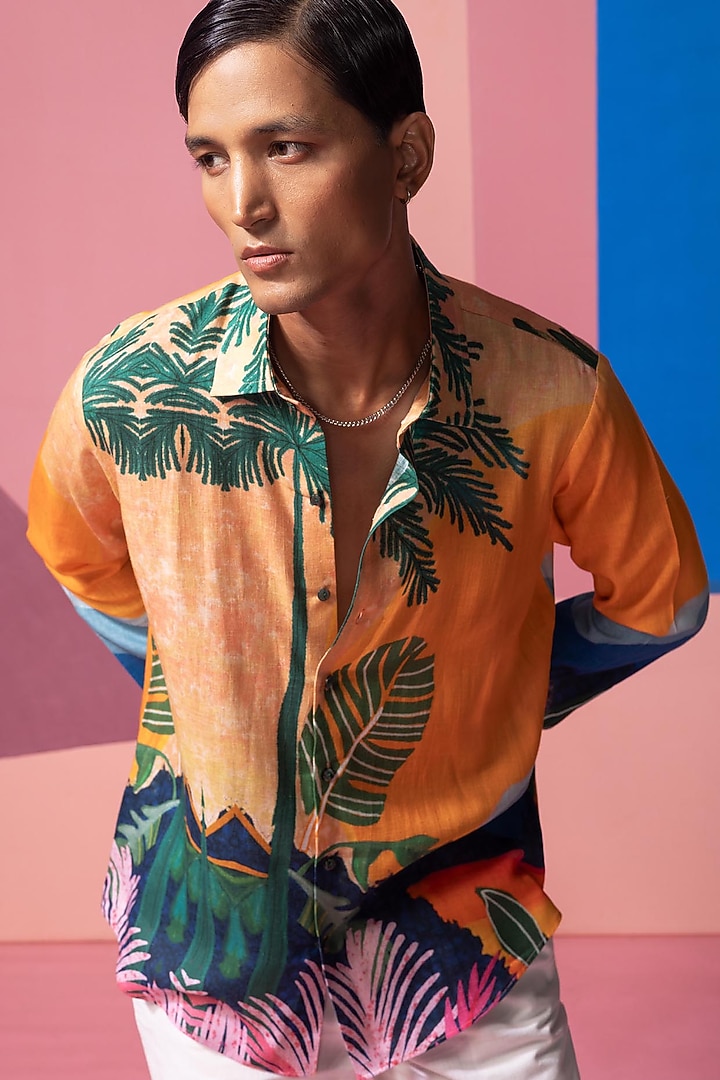 Orange Cotton Linen & Satin Party Wear Shirt by Nautanky By Nilesh Parashar Men at Pernia's Pop Up Shop