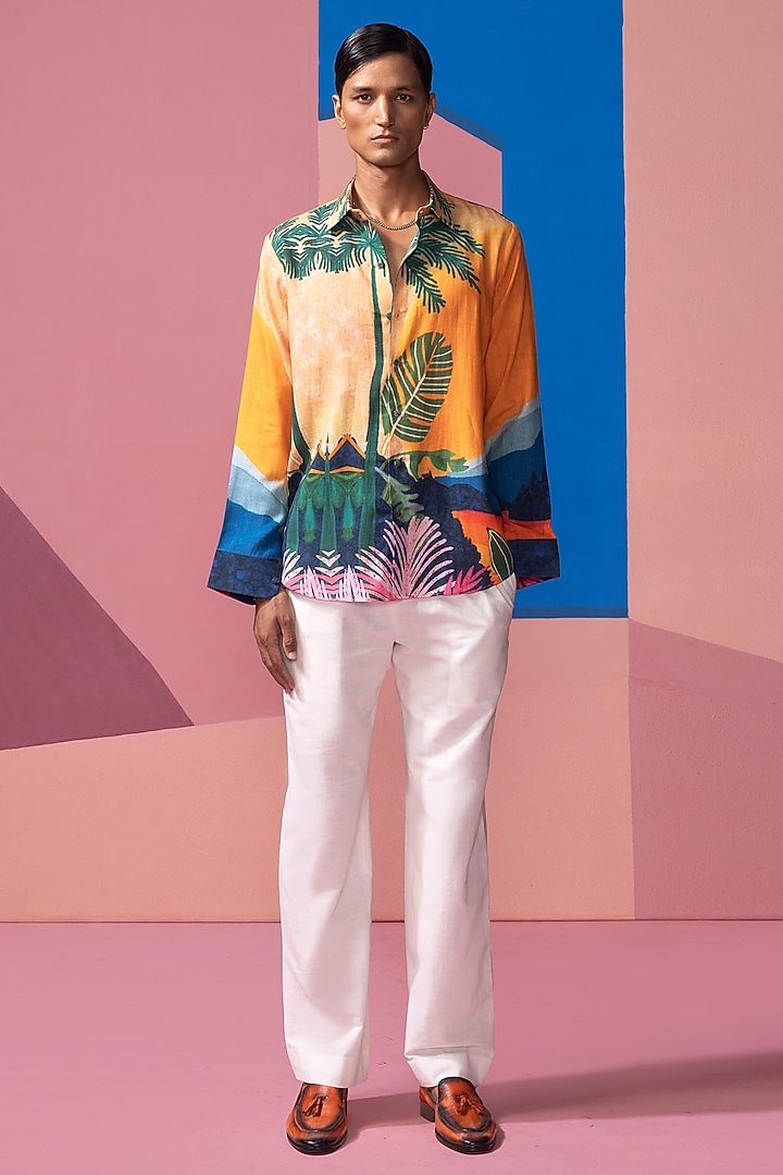 Orange Cotton Linen & Satin Party Wear Shirt by Nautanky By Nilesh Parashar Men at Pernia's Pop Up Shop