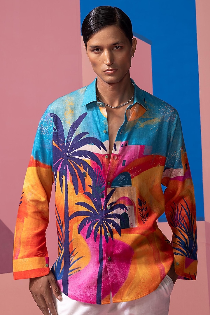 Blue Cotton Linen & Satin Shirt by Nautanky By Nilesh Parashar Men