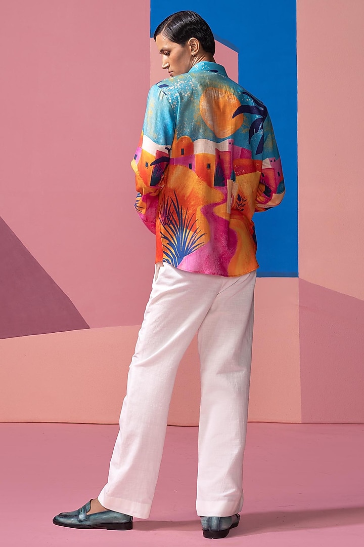 Blue Cotton Linen & Satin Party Wear Shirt by Nautanky By Nilesh Parashar Men at Pernia's Pop Up Shop